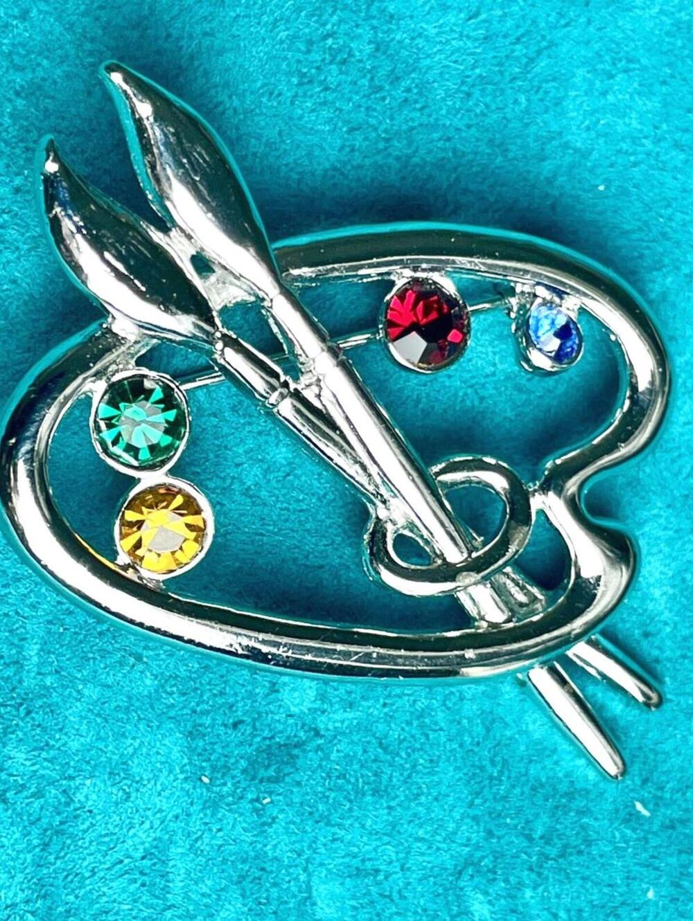 Artist Palette Brooch Silver Tone with Multicolor Rhinestones - Picture 2 of 4